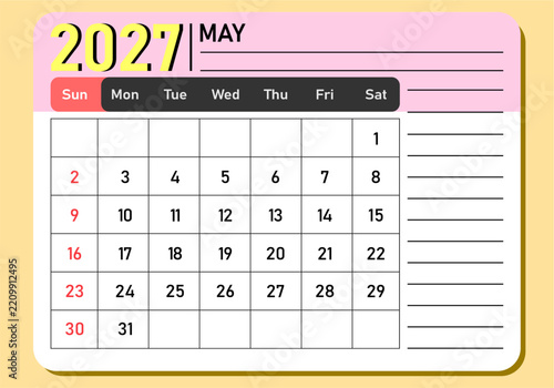 May 2027 calendar template vector design. Monthly planner card with side notes panel, pink header, yellow 2027 typography, full grid layout, and red Sunday pill header for office.