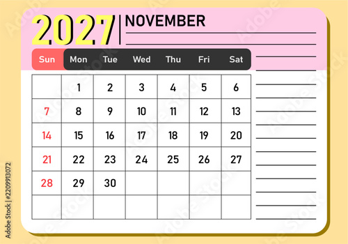November 2027 calendar template vector design. Monthly planner card with side notes panel, pink header, yellow 2027 typography, full grid layout, and red Sunday pill header for office.