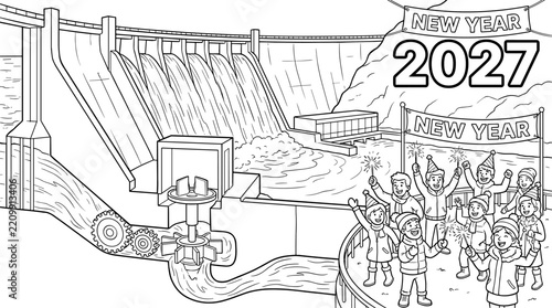 Printable hydroelectric dam coloring page in black and white, simple outline line art for relaxation and creativity