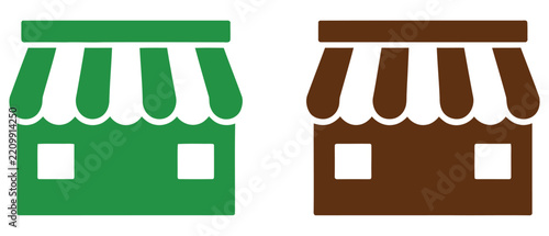 Green and brown storefront shop icon, colorful retail business symbols for marketplace, shopping, commerce, and commercial design