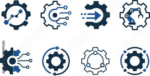 A grid of minimalist logos using a gear combined with automation as the core icons in set