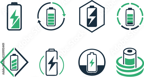 A grid of minimalist logos using a rechargeable battery as the core icons in set