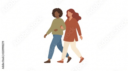 Two diverse women walking together side by side, casual clothing, friendship and support concept, flat vector illustration isolated on white background