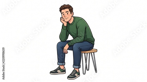Young man sitting on a stool with his hand on his chin, looking thoughtful and relaxed, isolated on white background