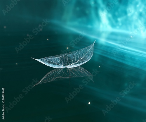 Transparent skeleton leaf floating on dark teal water with glowing light particles and soft ethereal reflections