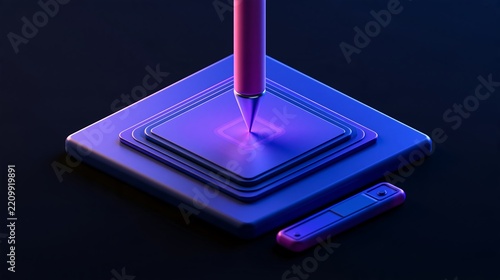 Stylus pen touching a glowing square electronic chip, 3 d render with blue and purple neon lighting on a dark background