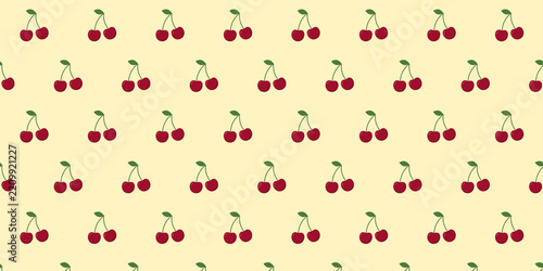 A repeating pattern of red cherries with green stems and leaves