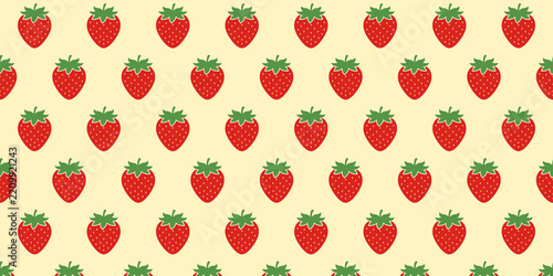 A repeating pattern of red strawberries with green leaves arranged