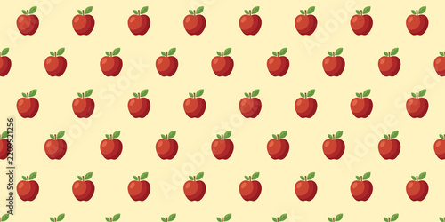 A seamless repeating pattern of red apples with green leaves arranged