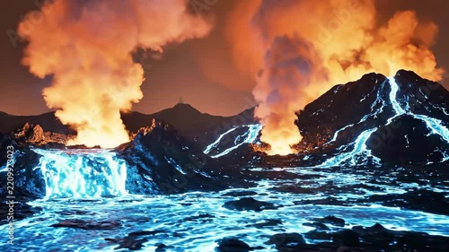 Volcanic eruption with lava flow on an alien planet.