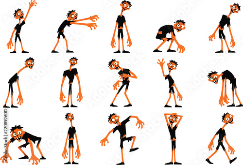 Collection of cartoon zombie character poses for halloween design projects featuring various scary movements and walking stances