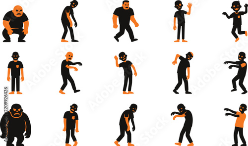 Set of various zombie characters in different poses isolated on white background for your spooky halloween design projects