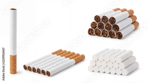 Multiple filtered cigarettes arranged in neat stacks and rows isolated on white background
