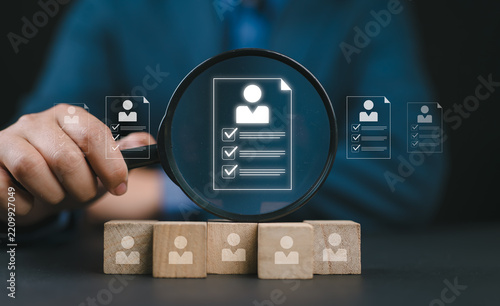 HR, HRM, background check employee screening, applicants, employees need to fill out an online survey, selecting the best person to work with the organization, human resources management concepts.
