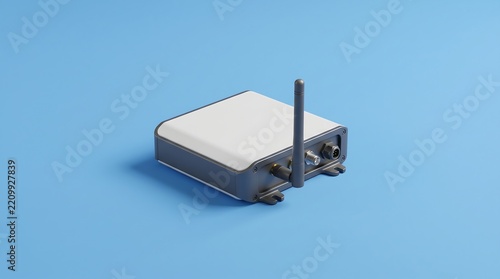 Compact wireless network gateway device with antenna and connectors on blue background