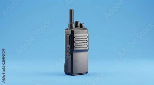Professional black walkie talkie with textured grip and antenna on a blue background