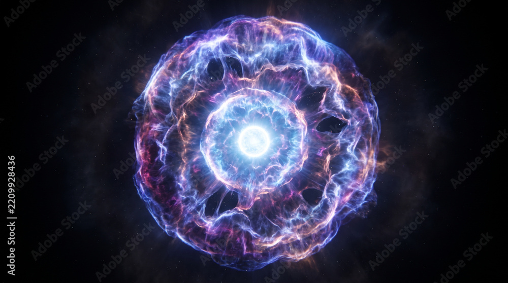 Fototapeta premium Powerful supernova stellar explosion blasting glowing concentric rings of plasma and colorful cosmic gas in deep dark outer space universe background science concept illustration