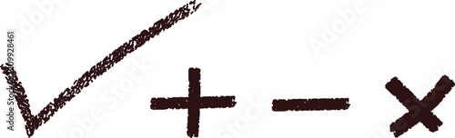 Hand Drawn Check Plus Minus and Cross Symbol Set on White Background