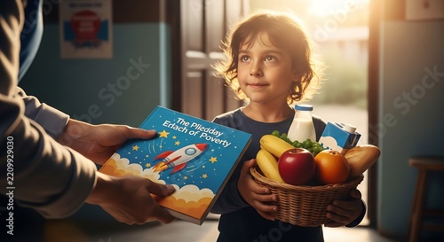 A Kind Volunteer Giving Nutritious Food and Educational Books to a Young Child in Need