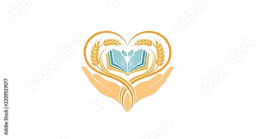 Stylized illustration of hands holding a book shaped like a heart with wheat stalks.