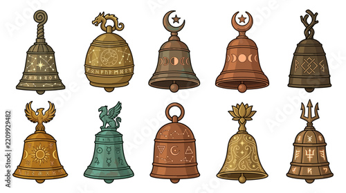 Collection of decorative vintage bells with intricate engraved patterns and symbols