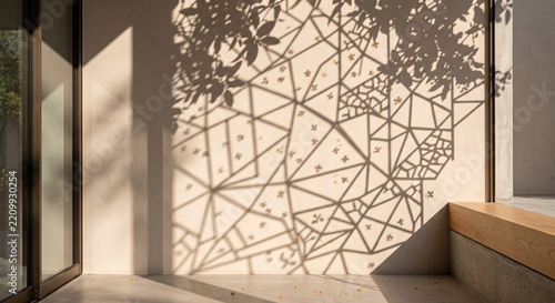 Geometric Shadow Patterns of Osmanthus Tree on Smooth Beige Wall in Minimalist Framing