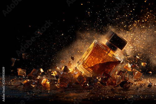 Luxury perfume bottle with golden splash cinematic explosion effect