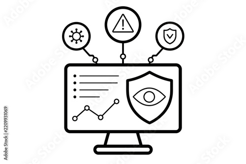 Cyber Security and Data Protection System Illustration with Computer Monitor and Security Icons