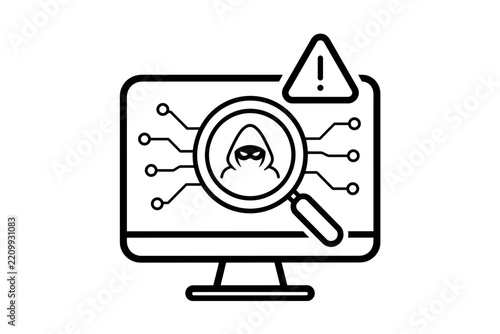 Cybersecurity threat detection graphic magnifying glass scanning a hacker on a computer screen, symbolizing digital vulnerability, data protection, and online security risk