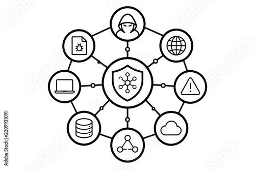 Network Security Shield Concept with Hacker and Data Protection Icons in Circular Infographic Layout for Cybersecurity