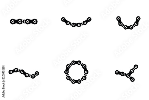Chain icons vector set featuring mechanical metal drive links