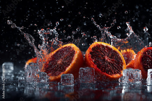 Fresh blood orange slices splashing in water with ice cubes