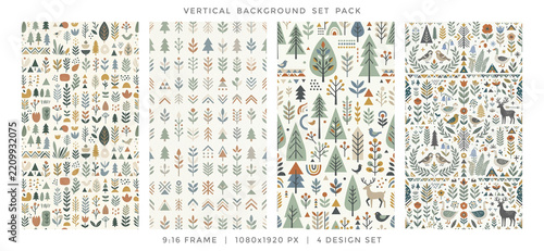 Scandinavian Folk Art Forest Animals Seamless Pattern Vertical Background Set for Social Media