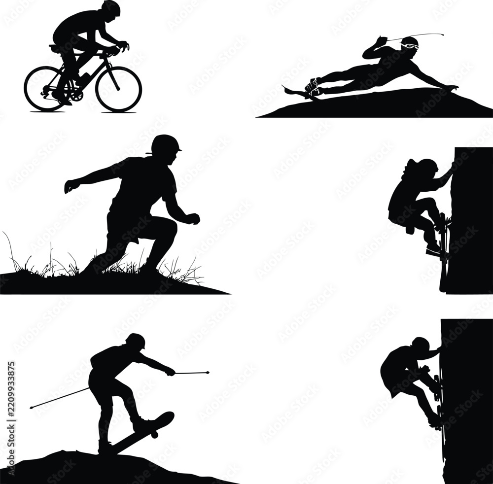 Fototapeta premium Extreme sports silhouettes collection featuring cycling skiing and rock climbing