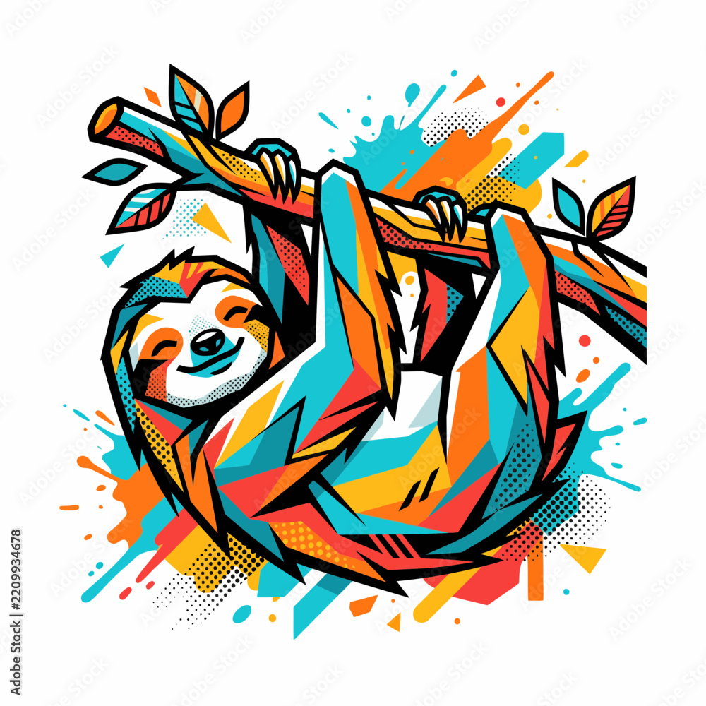 Obraz premium Vibrant abstract pop art illustration of a cute sloth hanging from a branch