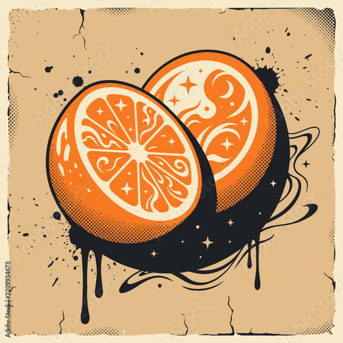 Retro Stylized Orange Fruit Illustration with Celestial Stars and Paint Drip Design