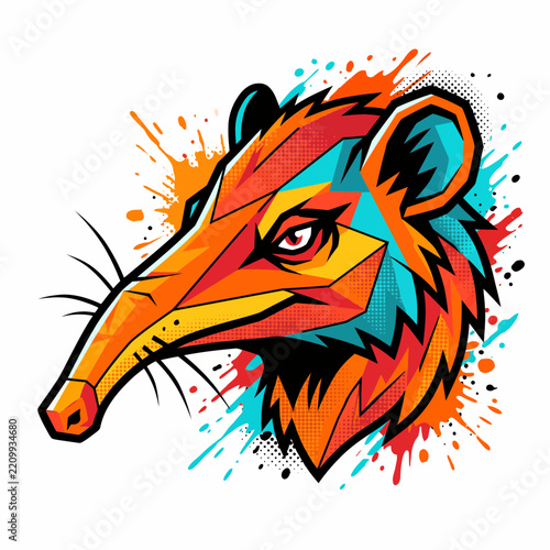 Vibrant geometric animal head illustration with energetic paint splashes, a striking graphic design element for modern concepts