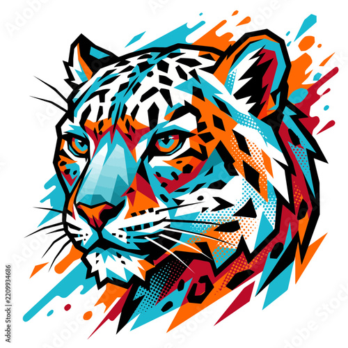 Colorful Abstract Leopard Head Illustration in Pop Art Style with Geometric Patterns