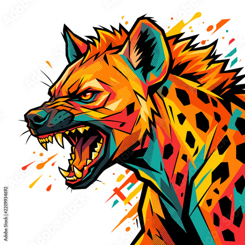 Vibrant pop art illustration of an aggressive spotted hyena growling with colorful splashes