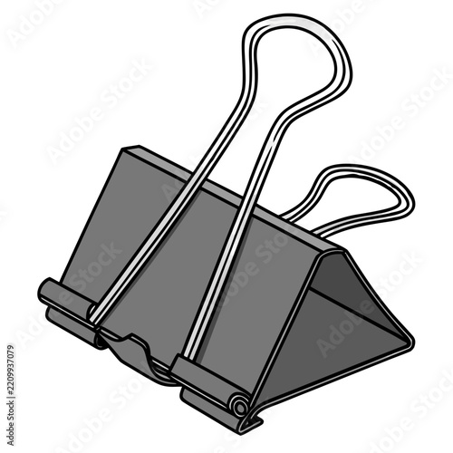 a black binder clip with two silver metal wire handles, drawn with bold outlines and gray shading.