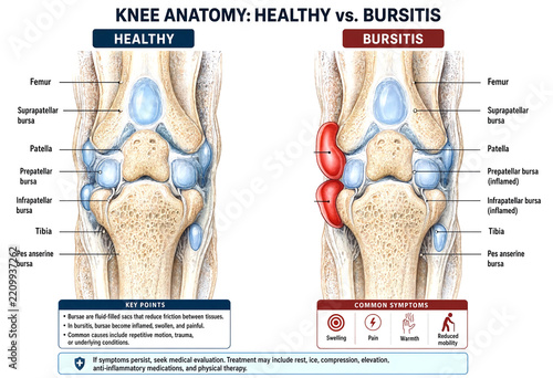 Comparison of healthy knee anatomy versus bursitis affected knee illustration