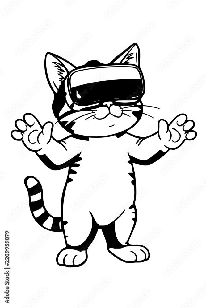 Fototapeta premium Cute Tabby Cat Wearing Virtual Reality Headset Gaming Experience Black and White Line Art Illustration