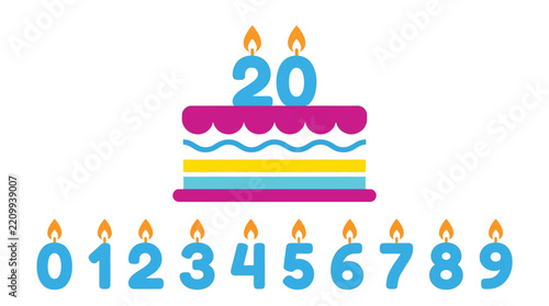 Colorful birthday cake with lit number twenty candles plus individual numbered candles on white background