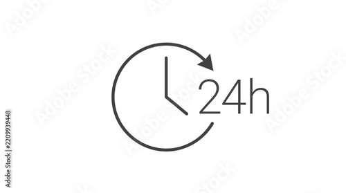 Minimalist twenty four hour clock icon featuring a dark circular arrow line art graphic design