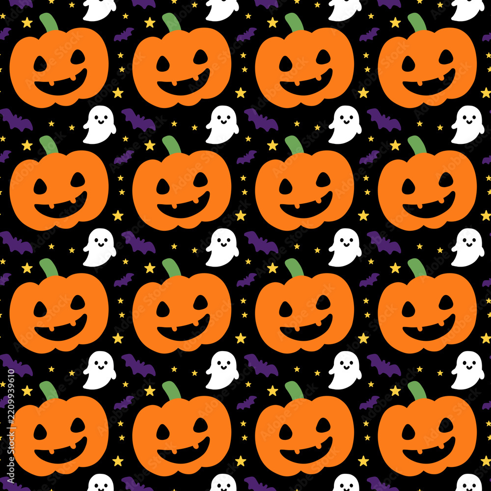 Fototapeta premium Cute Halloween Seamless Pattern with Smiling Pumpkin, Ghost, Bat, and Stars on Black Background
