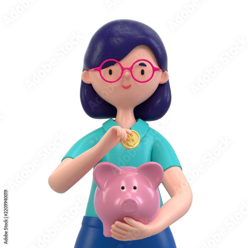 woman placing a coin in a piggy bank