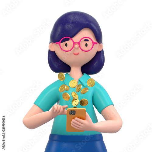 woman in business attire with coins popping from phone