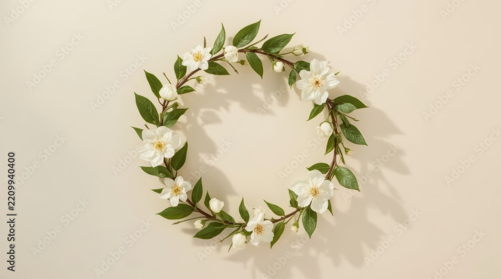 Obraz premium Elegant May Day floral wreath with white blossom and green leaf on beige background