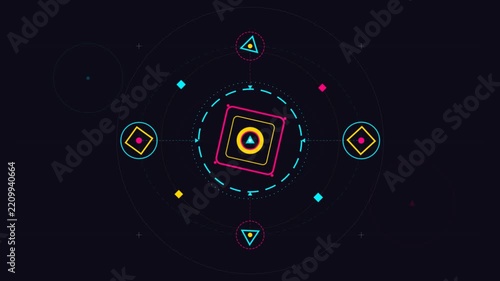 Futuristic neon abstract geometric interface rotating on dark background