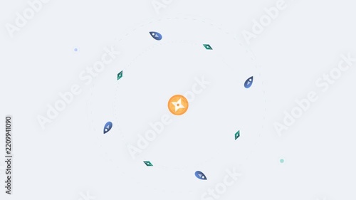 Modern motion graphic animation with glowing orange central icon and orbiting blue and green geometric shapes on light background